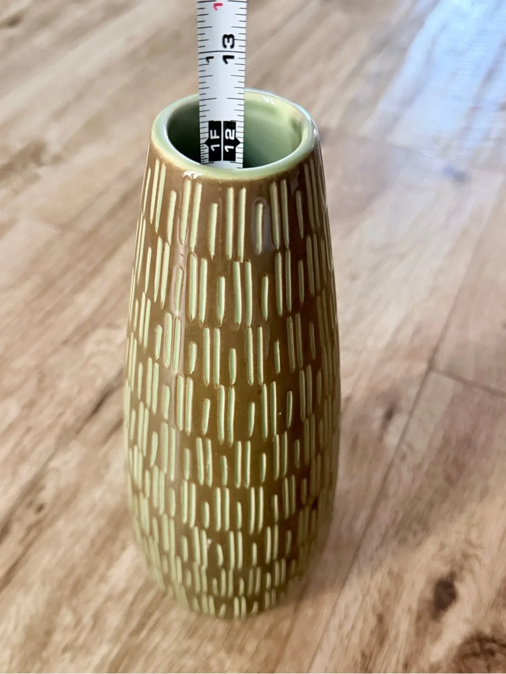 Crate&Barrel Olive Green Ceramic Vase with Textured Stripe Pattern